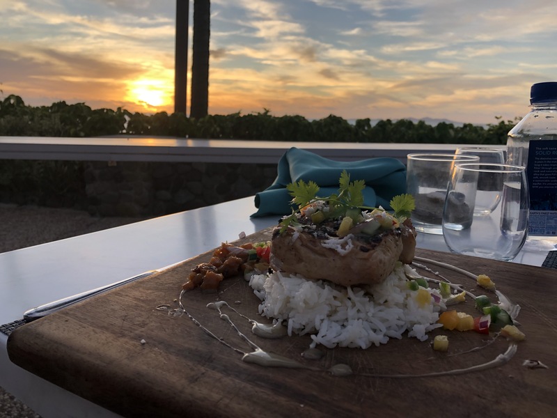 Seafood dinner with a sunset view