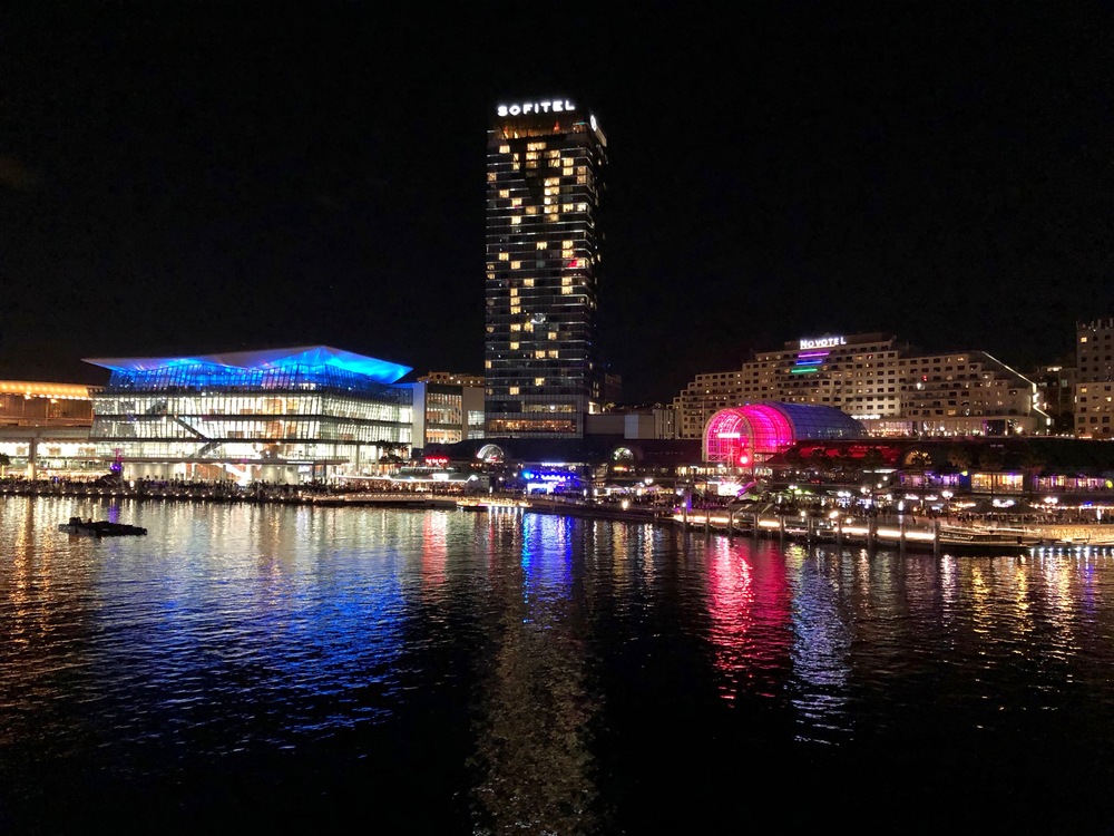 Colourful lights around the Darling Harbour by night