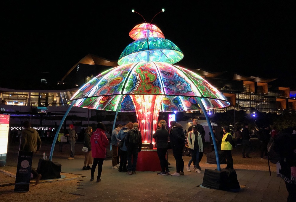 Colourful rounded station during Vivid Sydney
